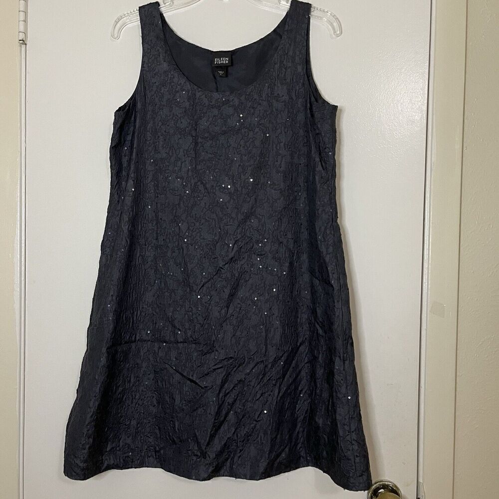 EILEEN FISHER black navy sequin detail shift sleeveless dress size Small